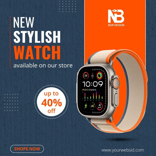 smartwatch, digital watch, sports watch, fitness tracker, wearable technology, discount offer, minimalist, energetic, bold, blue, orange, neutral